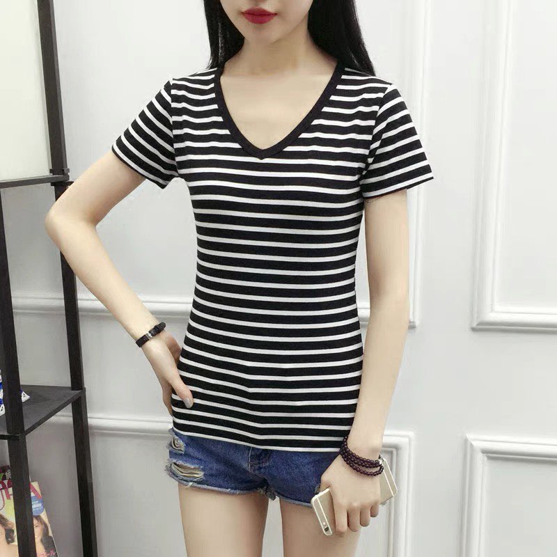 ÁO THUN CỔ TIM KẺ SỌC BODY