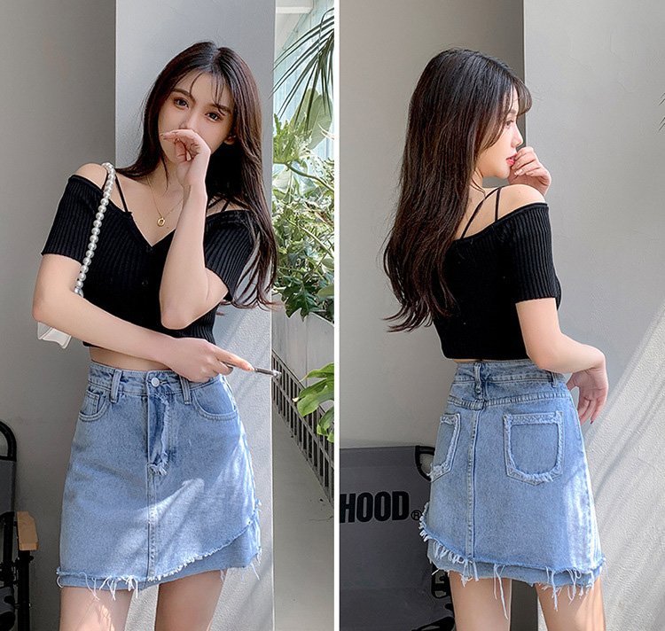 Chân váy jean rách lai có quần