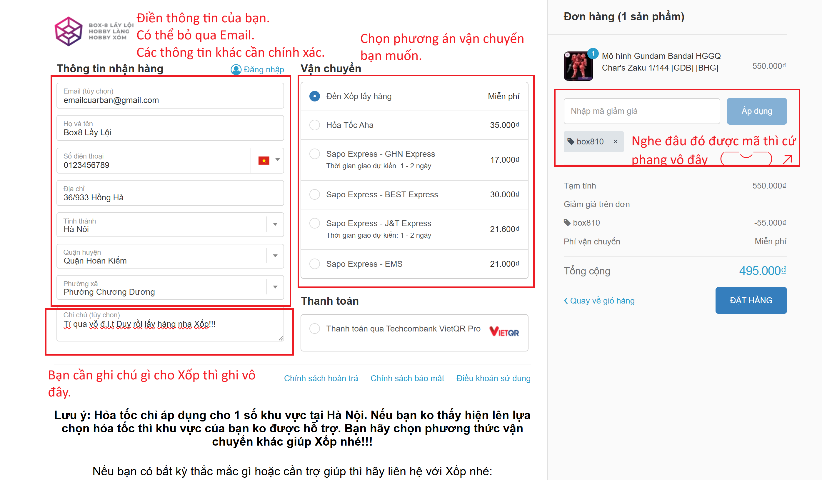 Hướng dẫn đặt hàng trên web Box8 Lầy Lội