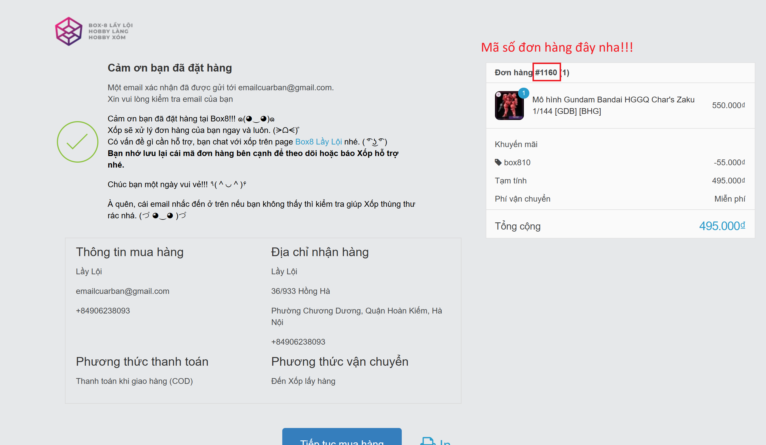 Đặt hàng xong trên web Box8 Lầy Lội