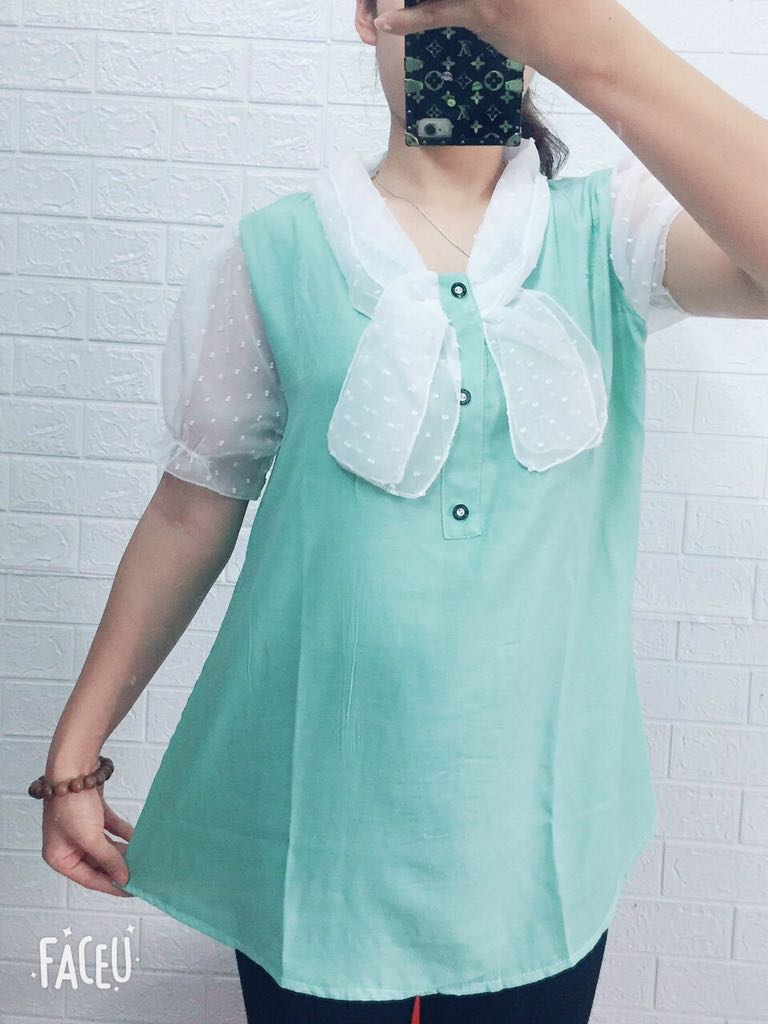 ZLZ-ABN-1071 Áo bầu đũi trơn tay voan cổ nơ-duoc-ban-tai-Chuẩn Mom’s