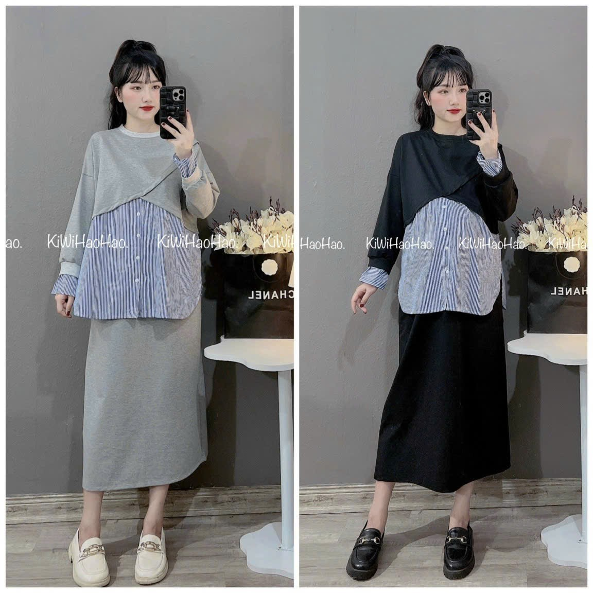 VS23-0704 Set chân váy + áo dài tay bụng kẻ-duoc-ban-tai-Chuẩn Mom’s