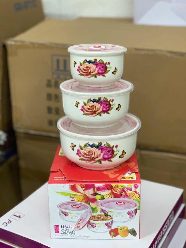 Set 3 Thố Sứ Có Nắp Hình Hoa Hồng ( Thùng 24 )