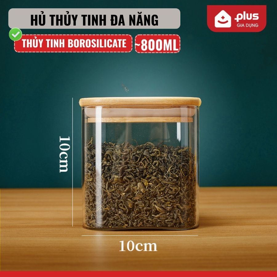 Hủ thuỷ tinh VUÔNG nắp gỗ tre/ đựng đồ đa năng thuỷ tinh borosilicate (dạng vuông) nắp gỗ tre