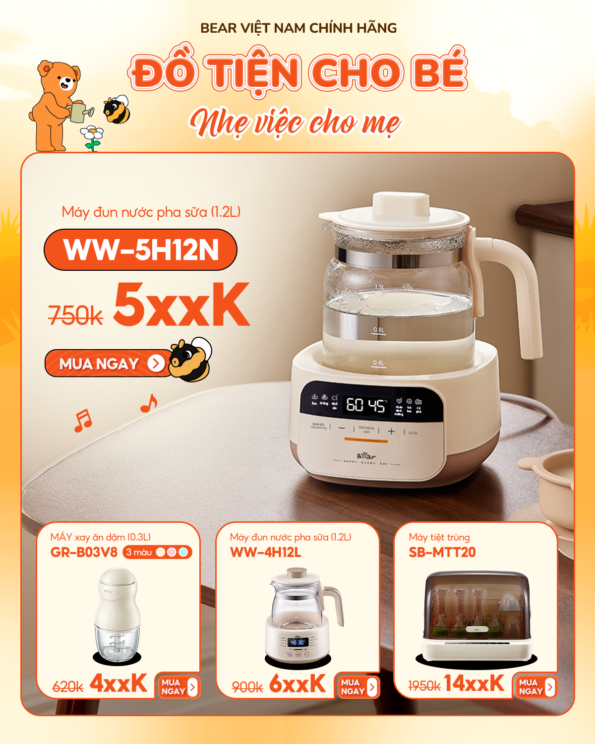 Combo Máy sấy tiệt trùng Bear SB-MTT20 & Máy hâm sữa tiệt trùng Bear WW-5H12N