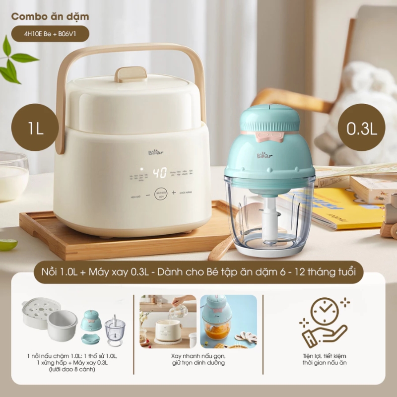Combo Nồi nấu chậm 4H10E Be & Máy Xay B06V1