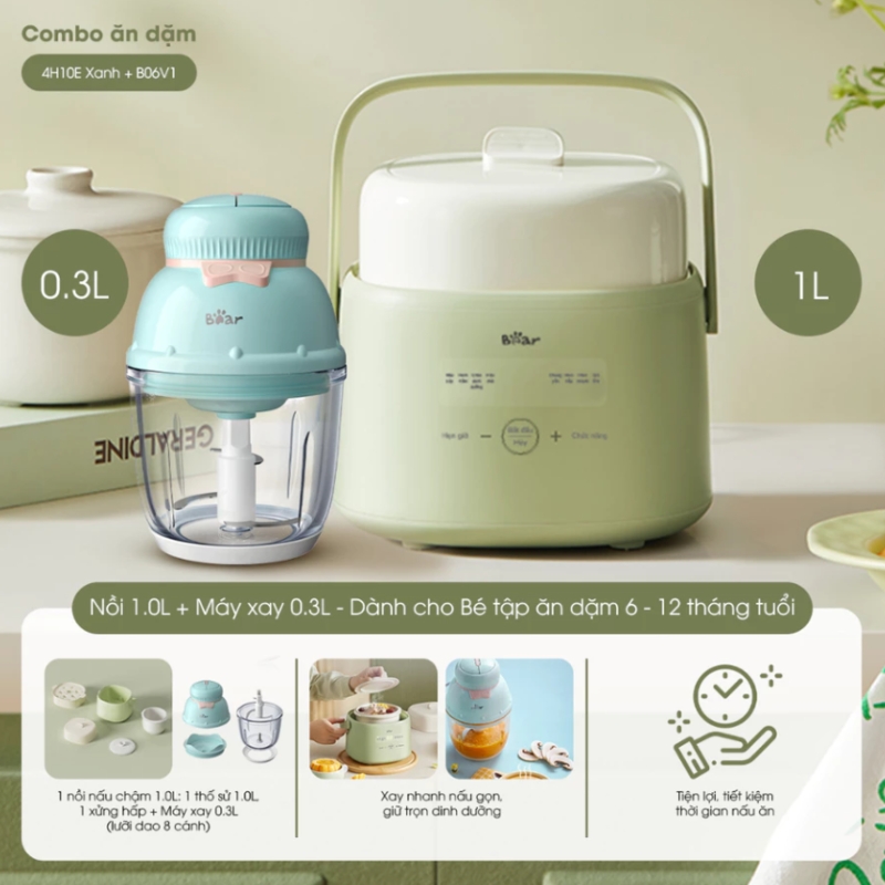 Combo Nồi nấu chậm 4H10E Xanh & Máy Xay B06V1