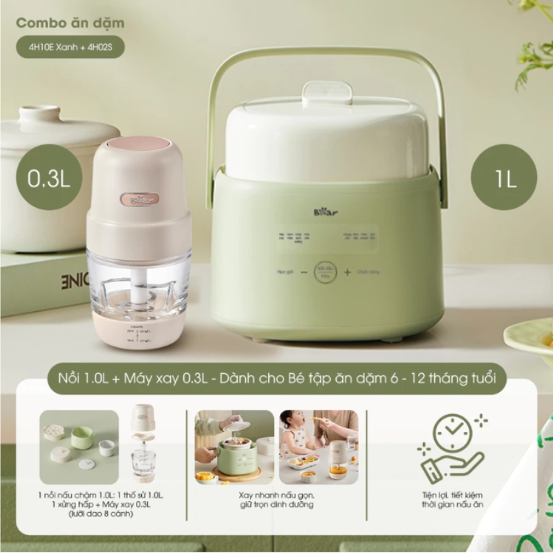 Combo Nồi nấu chậm 4H10E Xanh & Máy Xay 4H02S