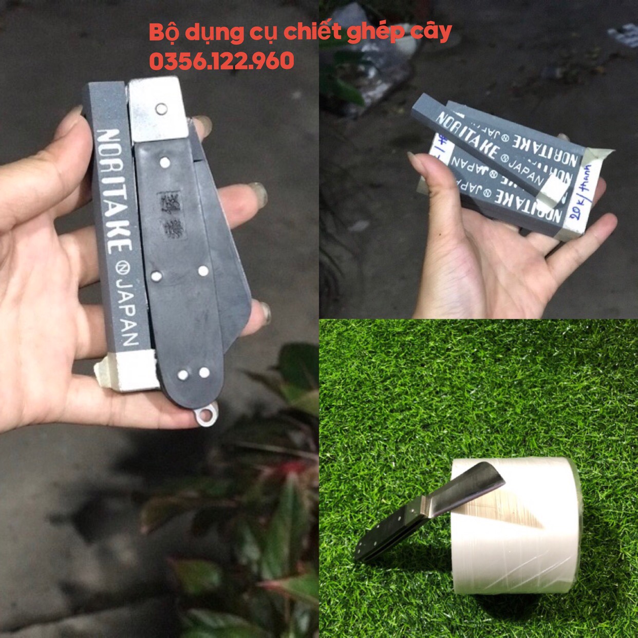 [Ảnh thật] Bộ 3 dụng cụ chiết ghép cây lưỡi đen cán gập, giấy ghép tự hủy khổ 5cm, viên đá mài Nhật Bản cao cấp