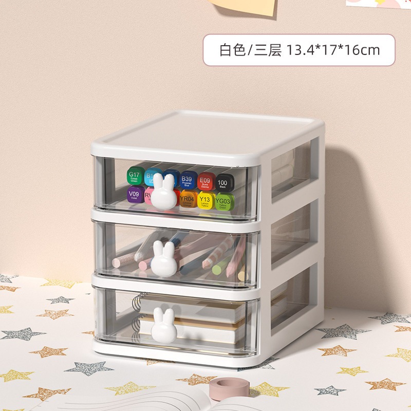 Hộp kéo mini có ngăn kéo tai thỏ, kệ tủ để bàn mini kèm sticker dễ thương 3 ngăn Trắng