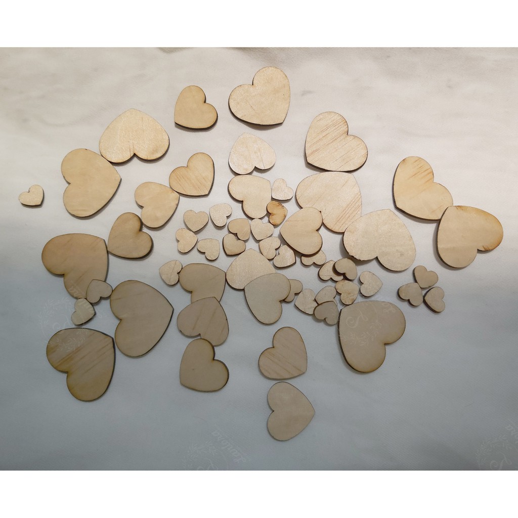 Set 50 trái tim gỗ loại 2.8cm và 1.4cm dùng trang trí tiệc cưới, làm đồ handmade
