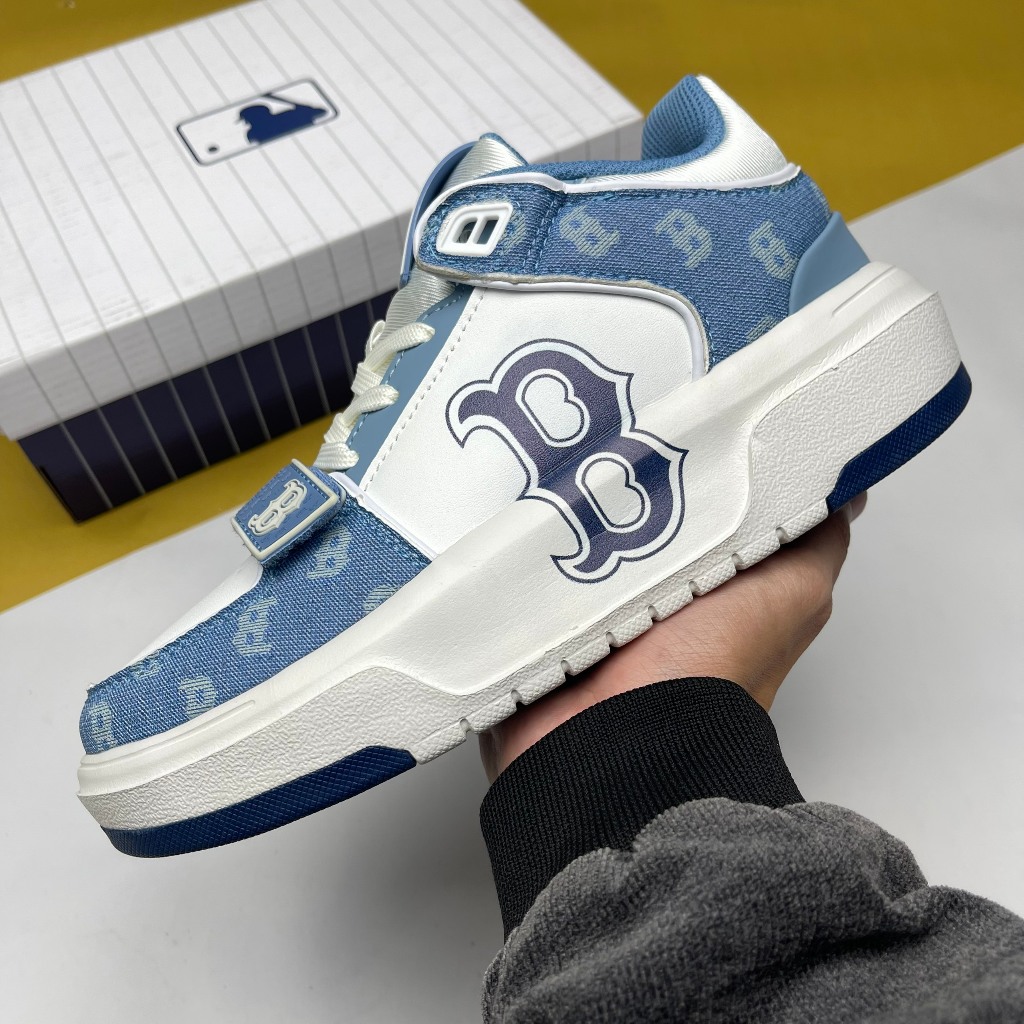 Giày MLB Chunky Liner Mid Monogram Boston Blue Denim, MLB Liner Trắng Xanh Biển Vải Denim [S]