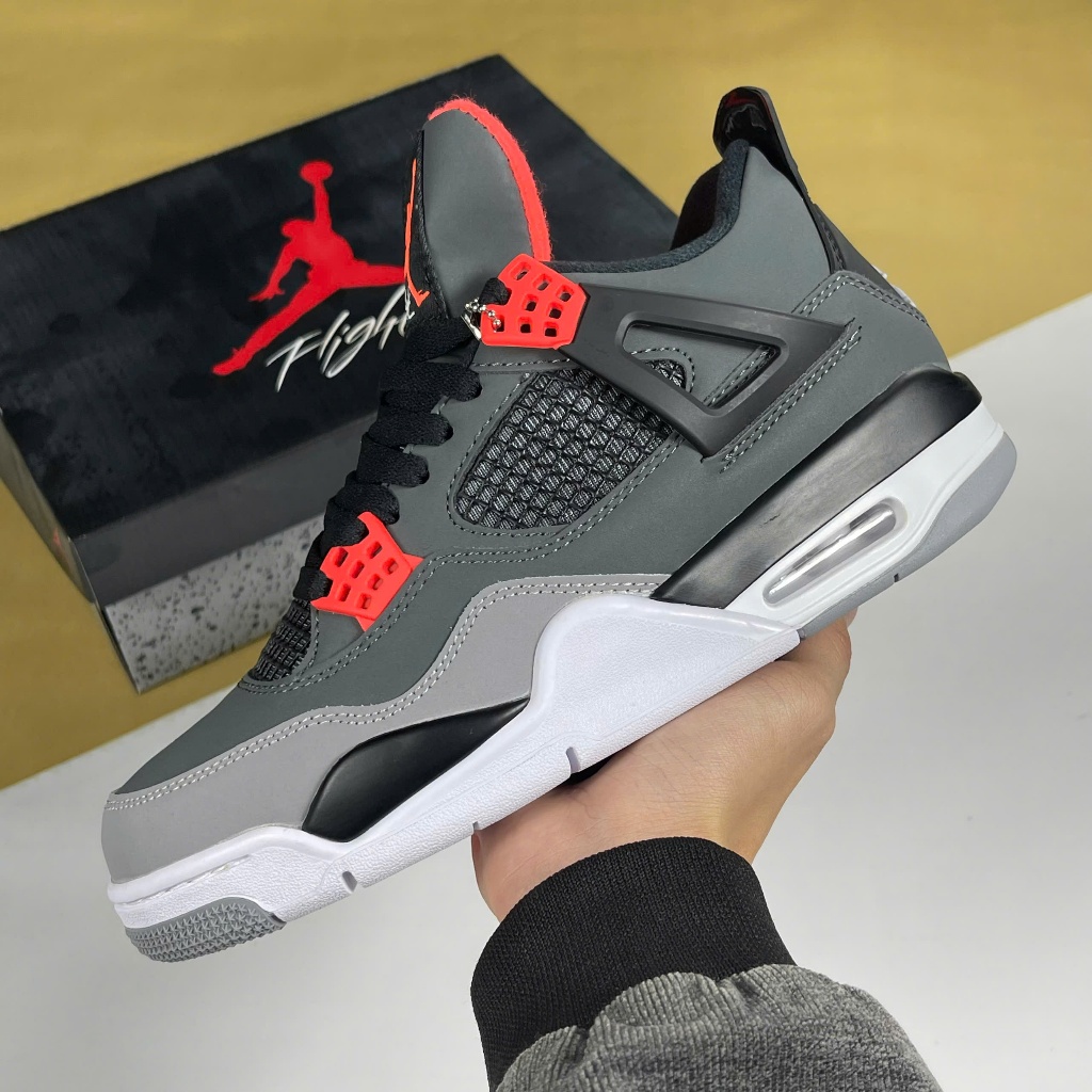 Giày Nike Air Jordan 4 Infrared, JD4 Xám Đen Phối Đỏ Cam