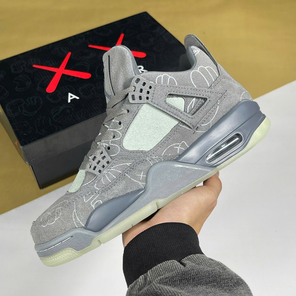 Giày Nike Air Jordan 4 Kaws Grey, JD4 Xám Full Da Lộn Đế Dạ Quang