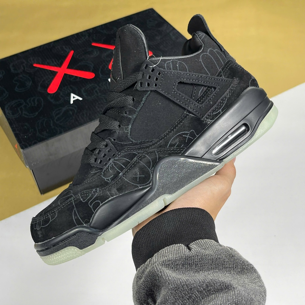 Giày Nike Air Jordan 4 Kaws Black, JD4 Đen Full Da Lộn Đế Dạ Quang