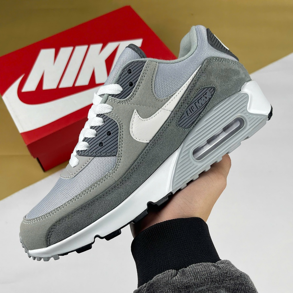 Giày Nike Air Max 90 Premium Light Smoke Grey Xám Trắng Da Lộn