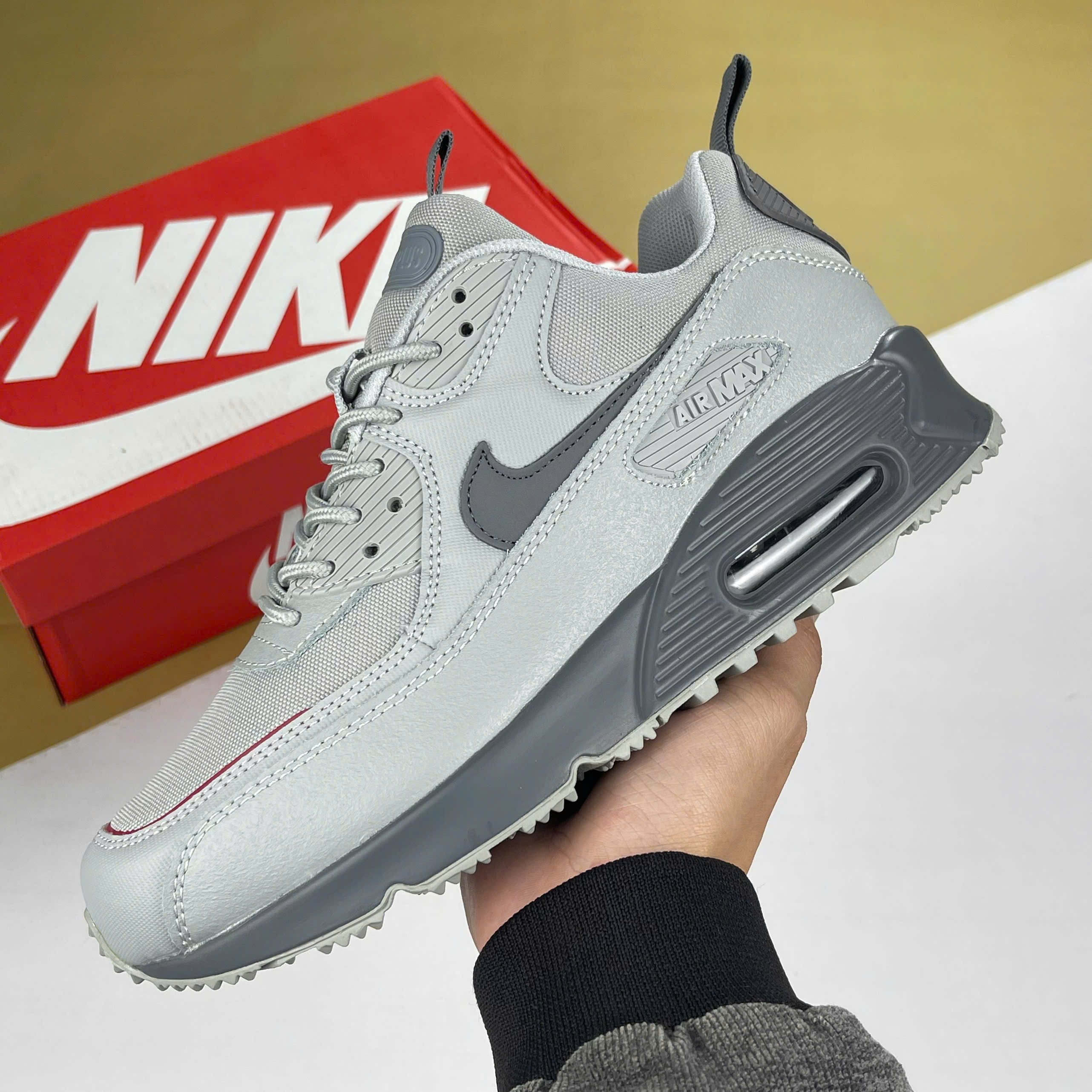 Giày Nike Air Max 90 Surplus Wolf Grey, Air Max 90 Xám viền Đỏ