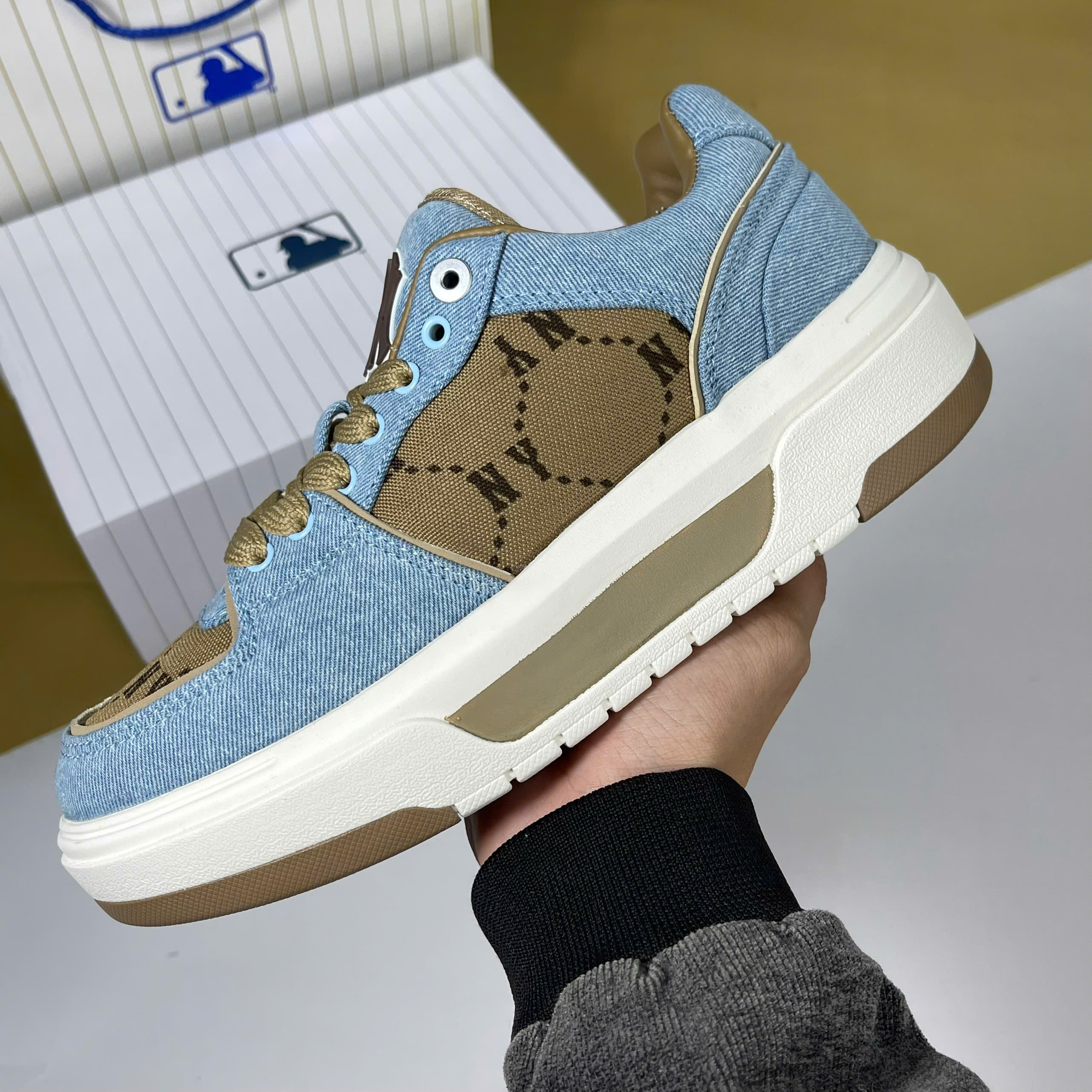 Giày MLB Chunky Liner Denim Monogram NY Nâu Xanh Jeans