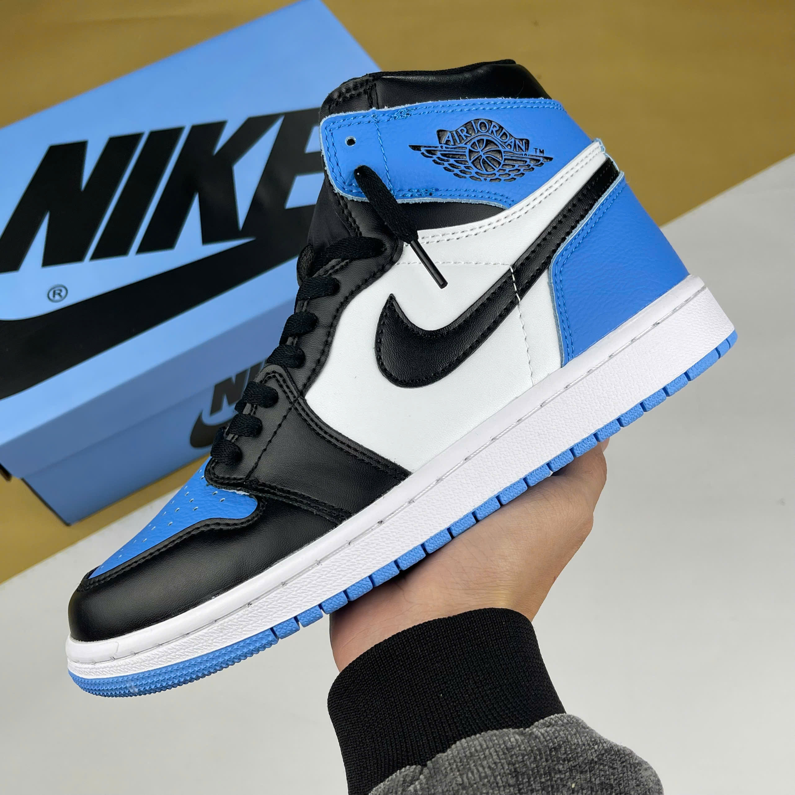 Giày Nike Air Jordan 1 High UNC Toe, JD1 Cổ Cao Xanh Đen Trắng