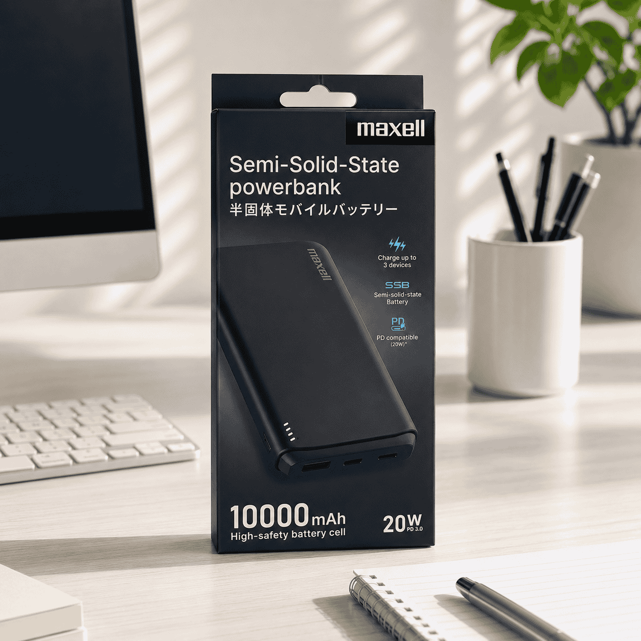 Maxell Semi Solid State Power Bank đặt trên bàn làm việc