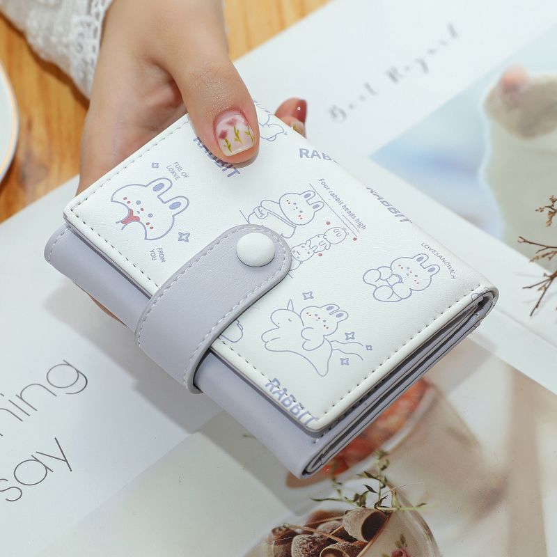 Ví ngắn cầm tay in hình thỏ gấu, dạng cúc bấm