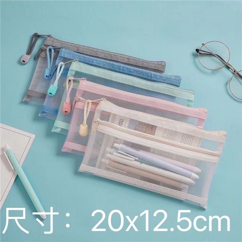 Túi lưới đựng bút, có khóa kéo, loại 2 ngăn