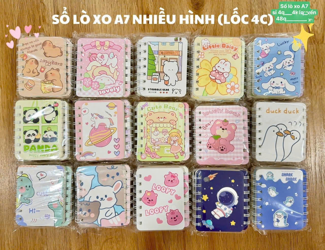 Sổ lò xo A7, lốc 4 cuốn, bìa nhiều hình