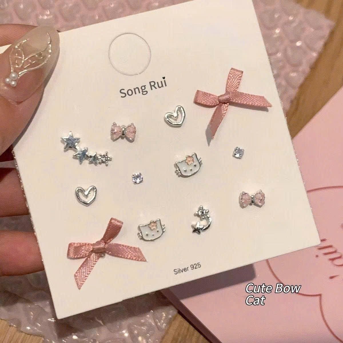 Set Khuyên Tai - Mèo Kt Mix Nơ Nhí Hồng