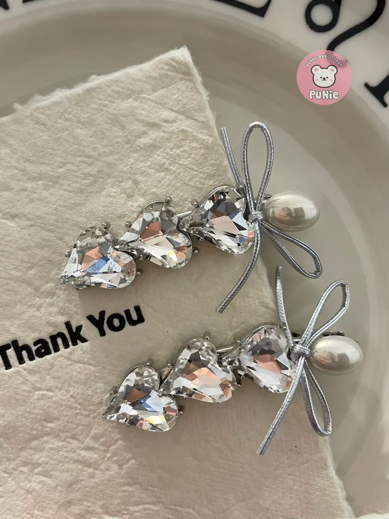SET 2 KẸP TIM BẠC NƠ NGỌC TRAI
