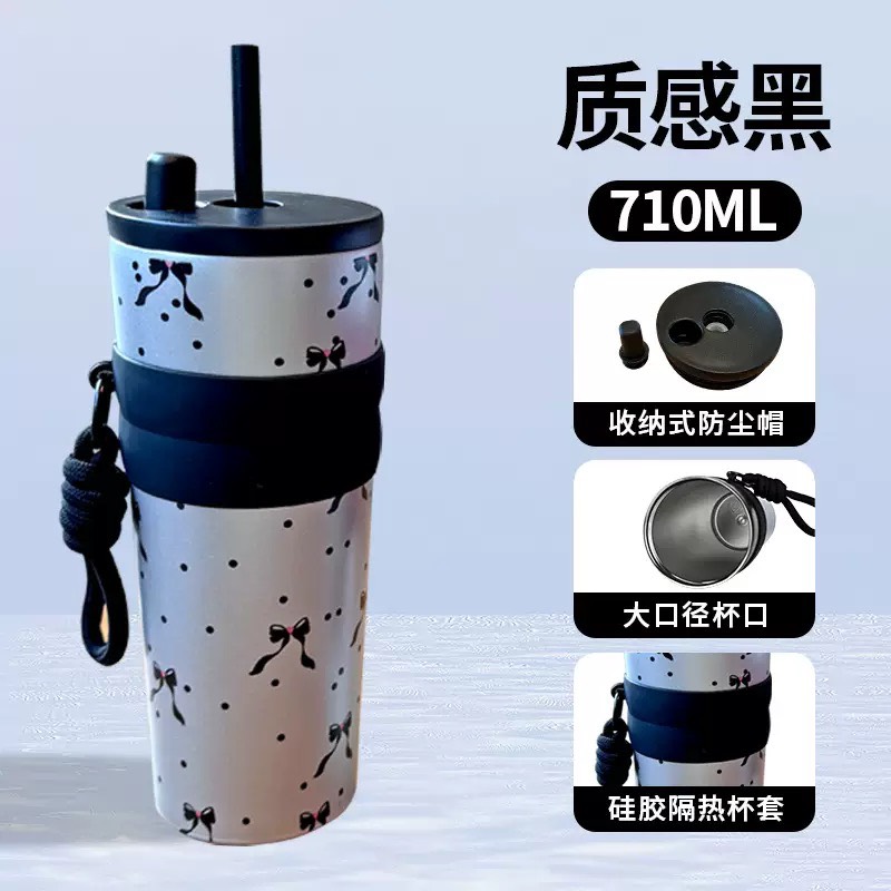 BÌNH GIỮ NHIỆT 700ML HOẠ TIẾT NƠ KÈM DÂY+NÚT ĐẬY