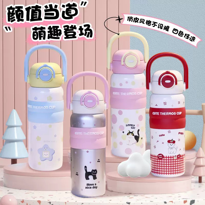 LY GIỮ NHIỆT 620ML QUAI XÁCH HỒNG XANH VÀNG ĐỎ