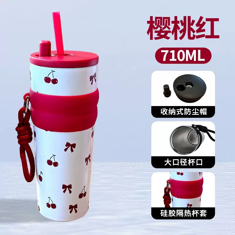 BÌNH GIỮ NHIỆT 700ML HOẠ TIẾT CHERRY ĐỎ KÈM DÂY+NÚT ĐẬY