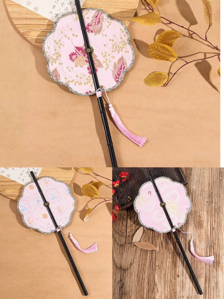 QUẠT CỔ TRANG CÁNG ĐEN GẤM HỒNG THÊU