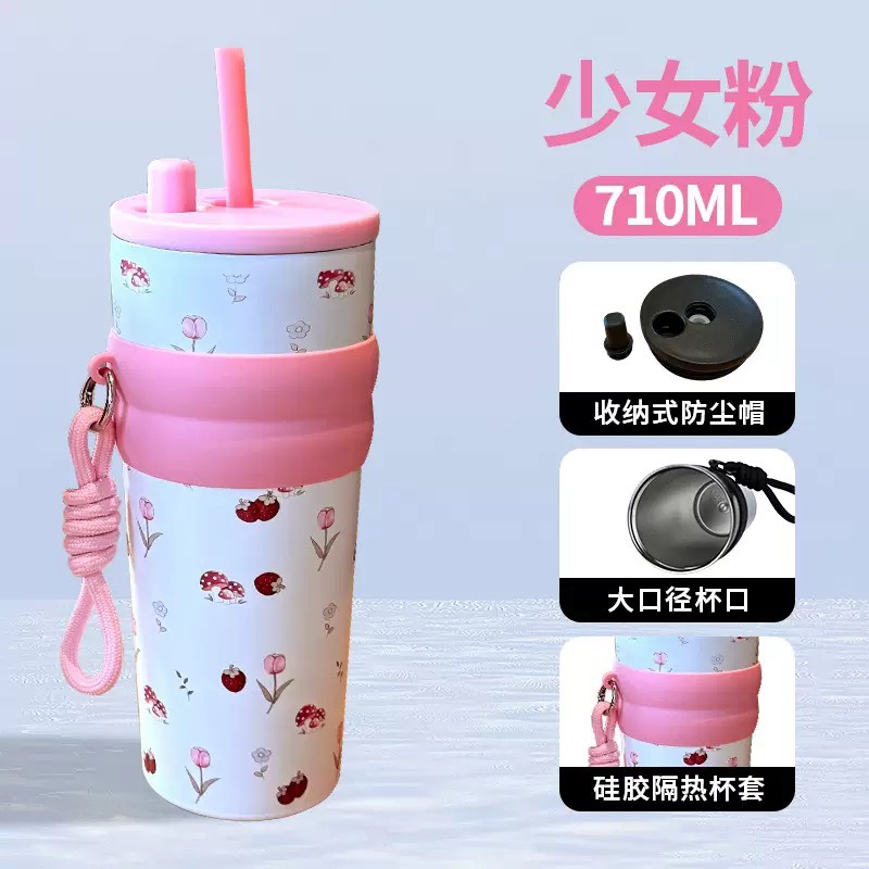 BÌNH GIỮ NHIỆT 700ML HOẠ TIẾT HOA HỒNG KÈM DÂY+NÚT ĐẬY
